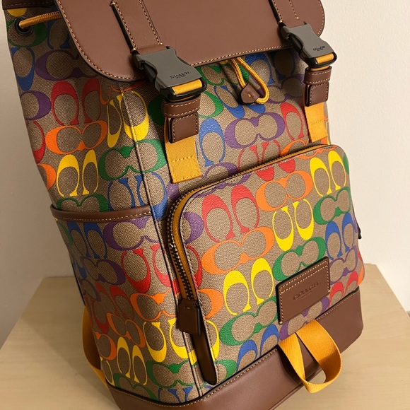 New Coach C9845 Track Backpack In Rainbow Signature Canvas In Gunmetal/Khaki - Picture 4 of 14